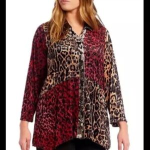 Ali Miles Pink/Taupe LEOPARD VELVET BURNOUT Colorblock Blouse Tunic Top Sz MD